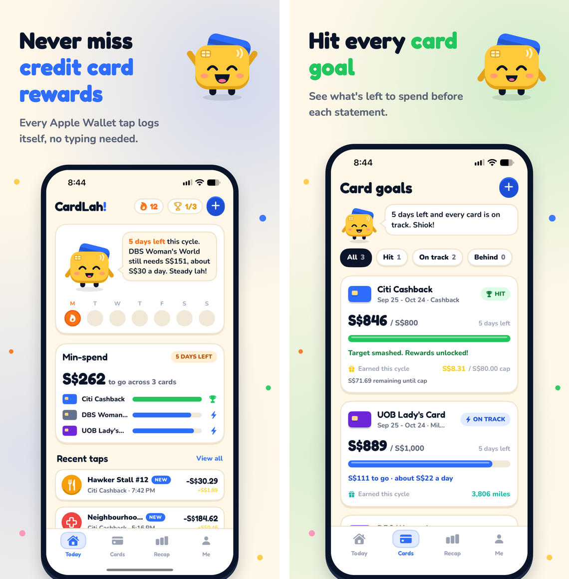 CardLah! Today and Card goals screens